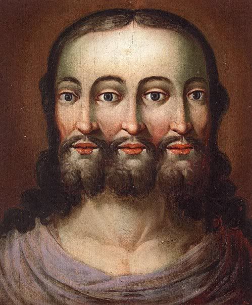 One of the famous trifacial trinity portraits from the 17th century, depicting the Holy Trinity as one Being with three faces sharing only four eyes. The painter remains anonymous.